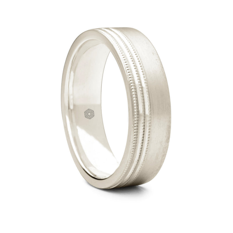Mens Matte Finish 18ct White Gold Flat Court Wedding Ring With Off-Set Millgrain Pattern