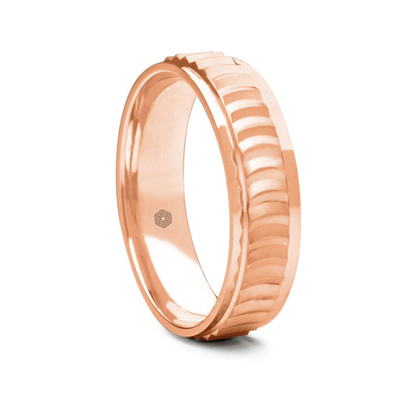 Mens Matte Finish 9ct Rose Gold Flat Court Shape Wedding Ring With Semi-Circular Pattern and Polished Edges