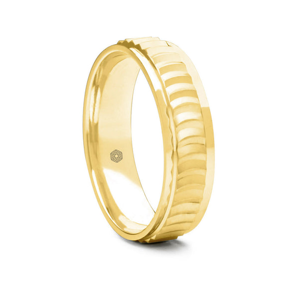 Mens Matte Finish 9ct Yellow Gold Flat Court Shape Wedding Ring With Semi-Circular Pattern and Polished Edges