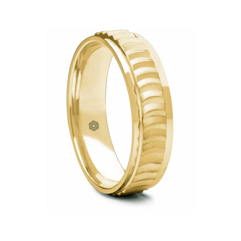 Mens Matte Finish 18ct Yellow Gold Flat Court Shape Wedding Ring With Semi-Circular Pattern and Polished Edges