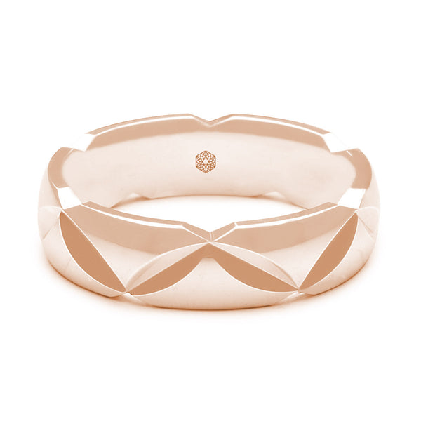 Horizontal Shot of Mens Polished 9ct Rose Gold Court Shape Wedding Ring With Angled Groove Pattern