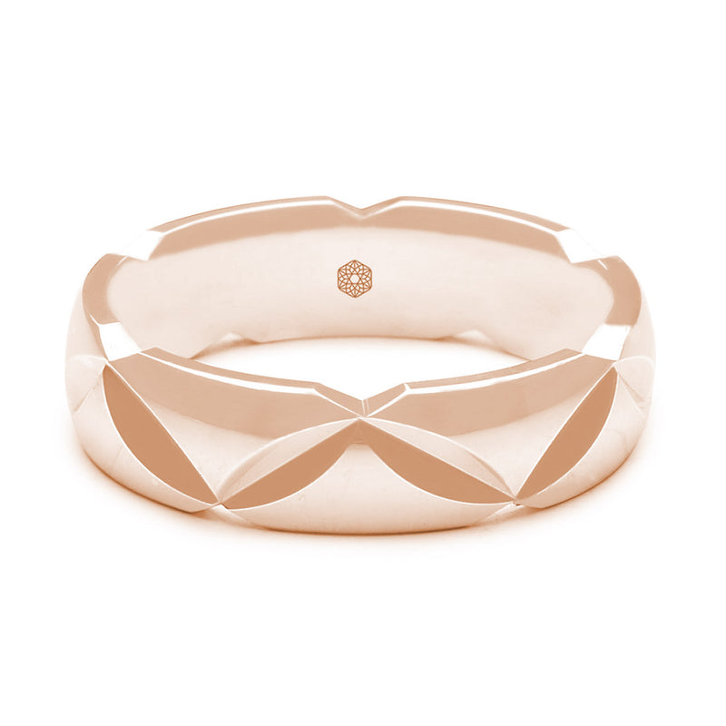 Horizontal Shot of Mens Polished 9ct Rose Gold Court Shape Wedding Ring With Angled Groove Pattern