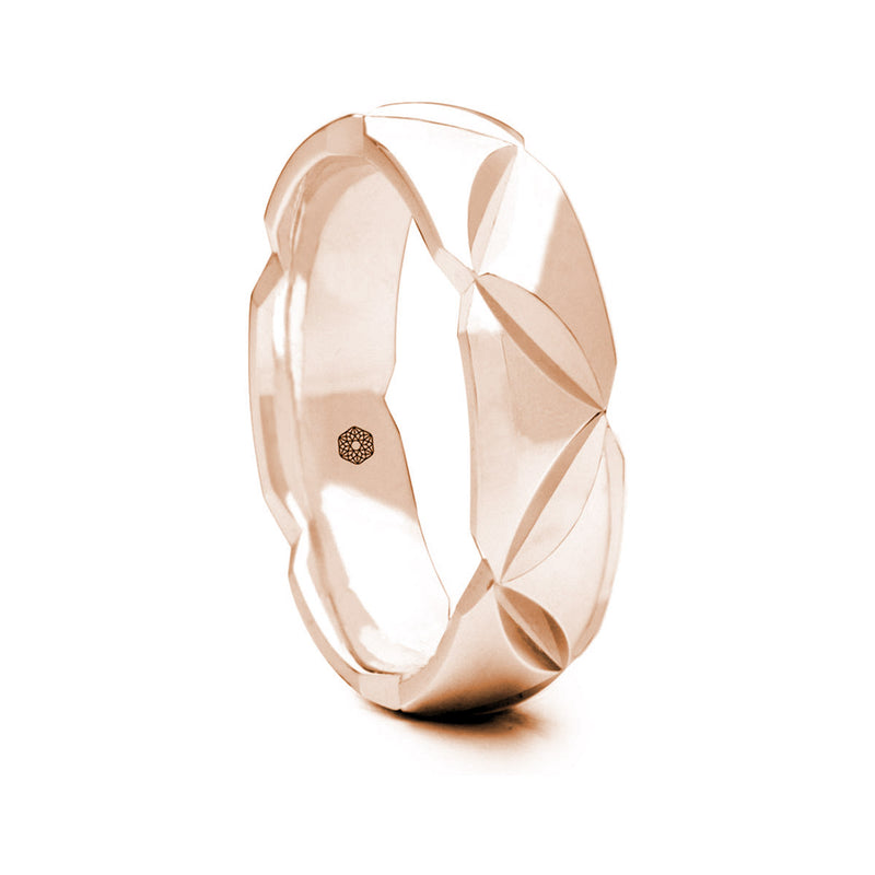 Mens Polished 9ct Rose Gold Court Shape Wedding Ring With Angled Groove Pattern