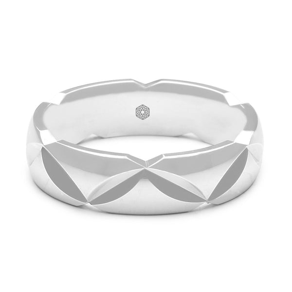 Horizontal Shot of Mens Polished 9ct White Gold Court Shape Wedding Ring With Angled Groove Pattern