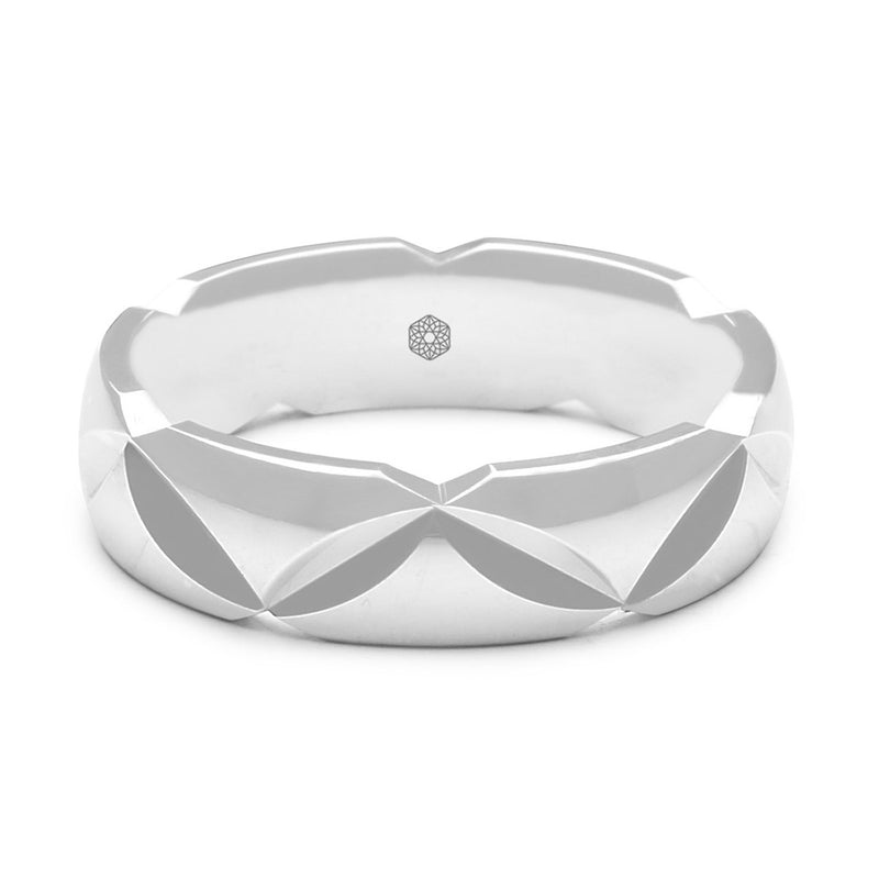 Horizontal Shot of Mens Polished 9ct White Gold Court Shape Wedding Ring With Angled Groove Pattern