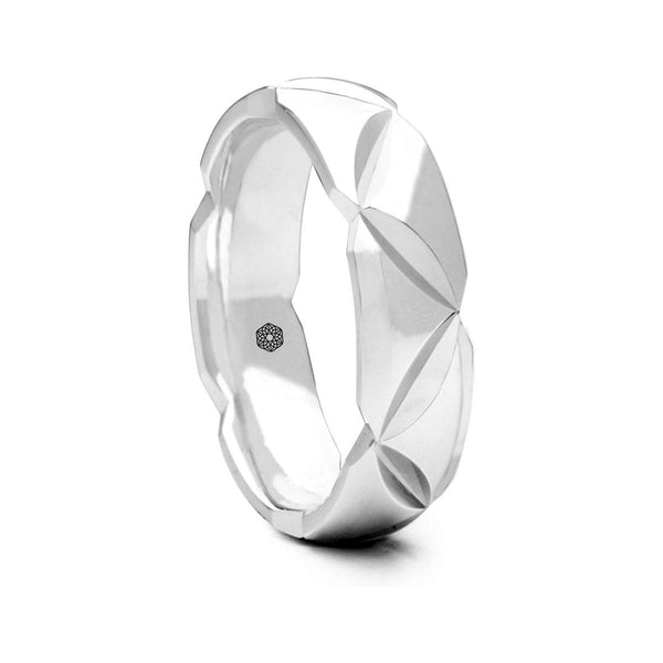 Mens Polished 9ct White Gold Court Shape Wedding Ring With Angled Groove Pattern