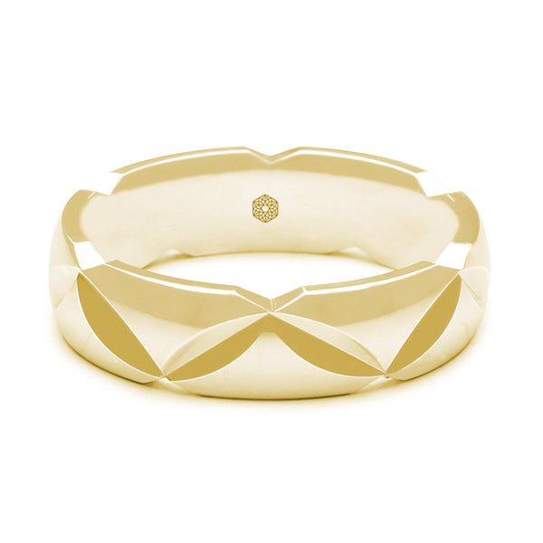 Horizontal Shot of Mens Polished 9ct Yellow Gold Court Shape Wedding Ring With Angled Groove Pattern