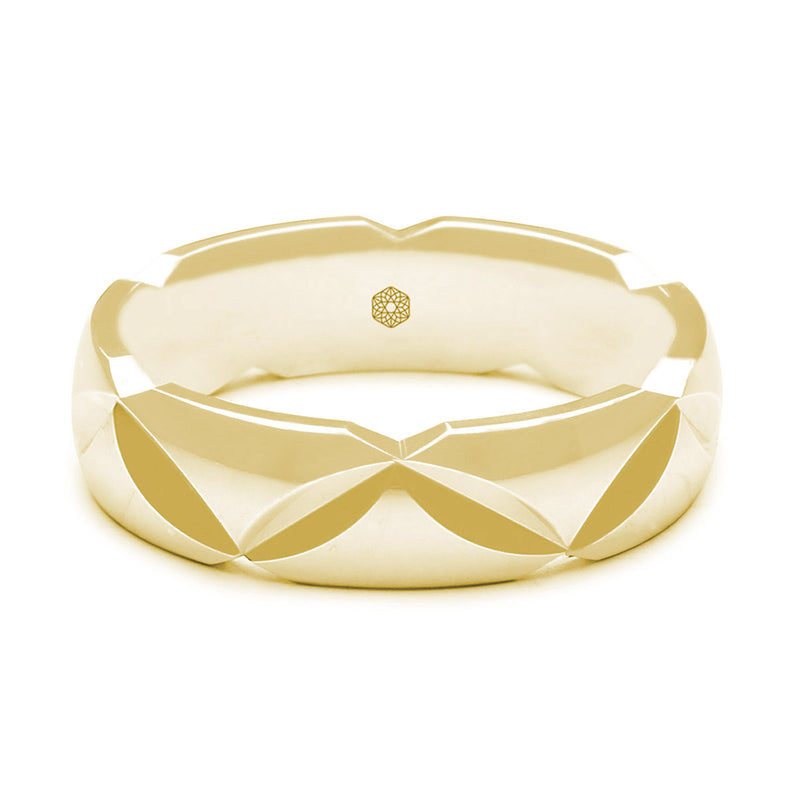 Horizontal Shot of Mens Polished 9ct Yellow Gold Court Shape Wedding Ring With Angled Groove Pattern