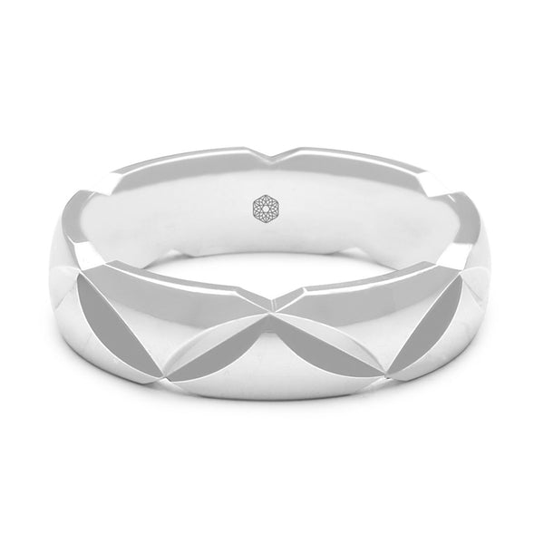 Horizontal Shot of Mens Polished 18ct White Gold Court Shape Wedding Ring With Angled Groove Pattern