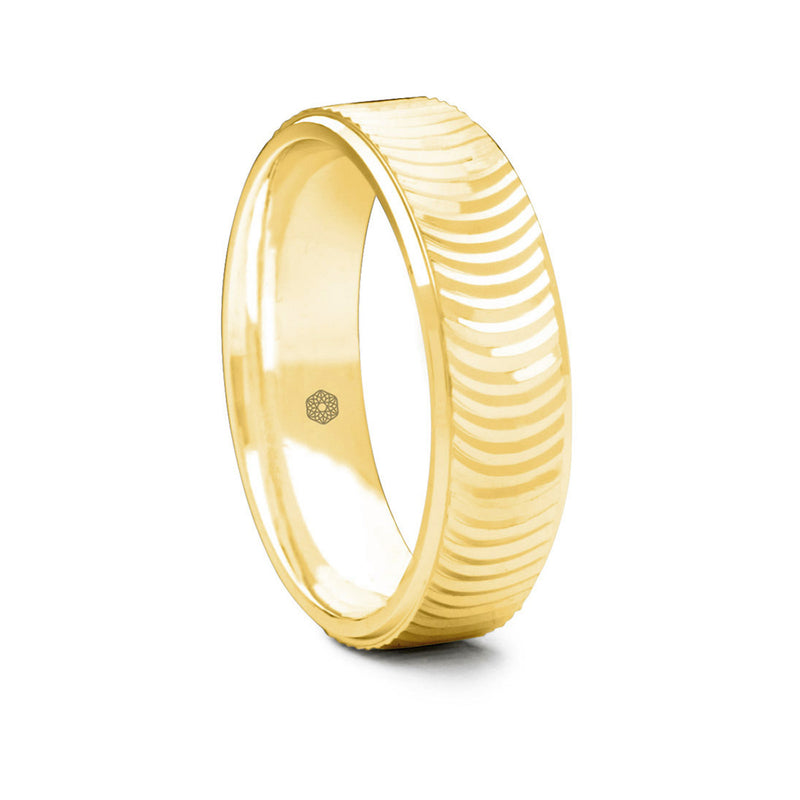 Mens Polished 9ct Yellow Gold Court Shape Wedding Ring With Semi-Circular Pattern and Flat Edges