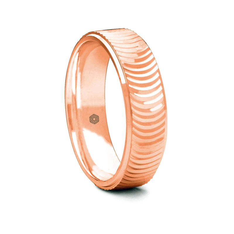 Mens Polished 18ct Rose Gold Court Shape Wedding Ring With Semi-Circular Pattern and Flat Edges