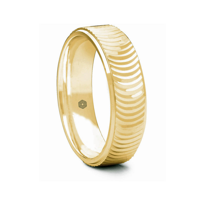 Mens Polished 18ct Yellow Gold Court Shape Wedding Ring With Semi-Circular Pattern and Flat Edges