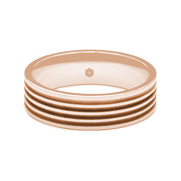 Horizontal Shot of Mens Polished 9ct Rose Gold Flat Shape Wedding Ring With Four Matte Finish Grooves