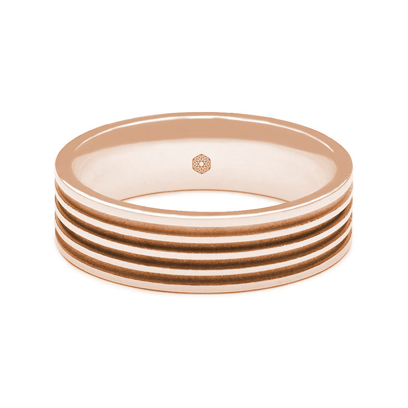 Horizontal Shot of Mens Polished 9ct Rose Gold Flat Shape Wedding Ring With Four Matte Finish Grooves