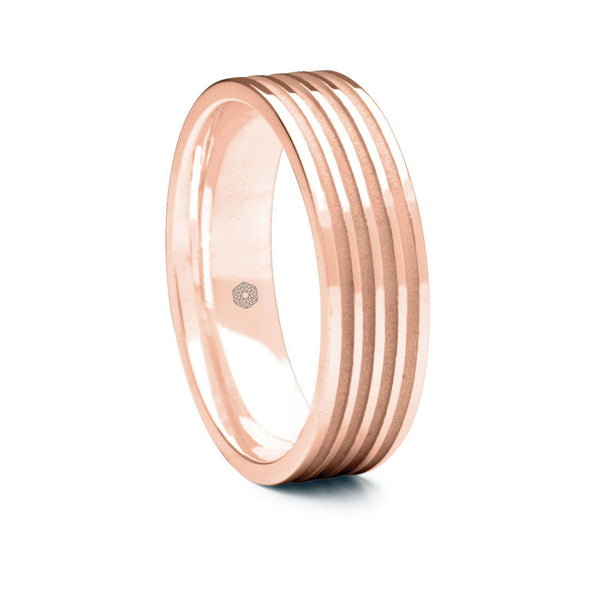 Mens Polished 9ct Rose Gold Flat Shape Wedding Ring With Four Matte Finish Grooves