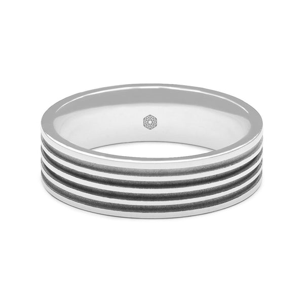 Horizontal Shot of Mens Polished 9ct White Gold Flat Shape Wedding Ring With Four Matte Finish Grooves