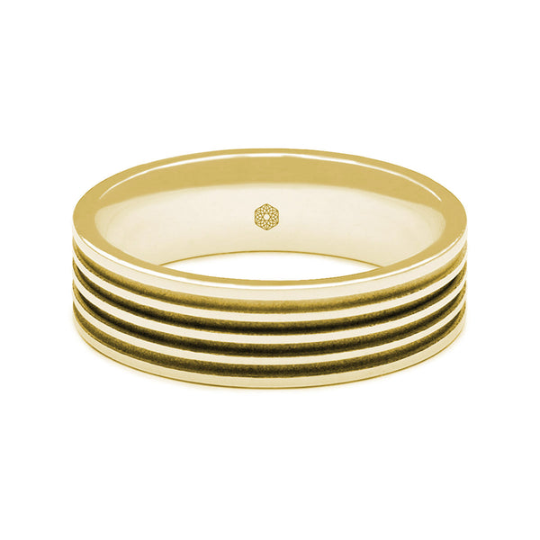 Horizontal Shot of Mens Polished 9ct Yellow Gold Flat Shape Wedding Ring With Four Matte Finish Grooves