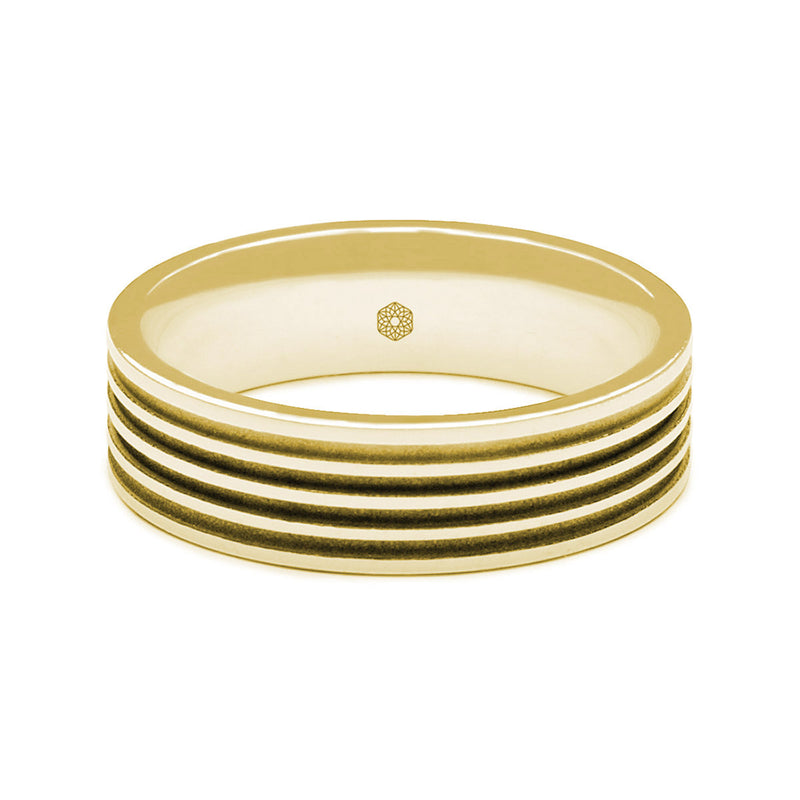 Horizontal Shot of Mens Polished 9ct Yellow Gold Flat Shape Wedding Ring With Four Matte Finish Grooves