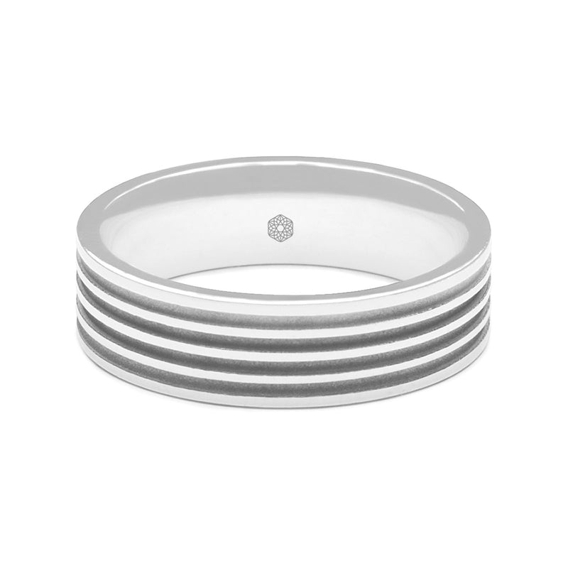 Horizontal Shot of Mens Polished Platinum 950 Flat Shape Wedding Ring With Four Matte Finish Grooves