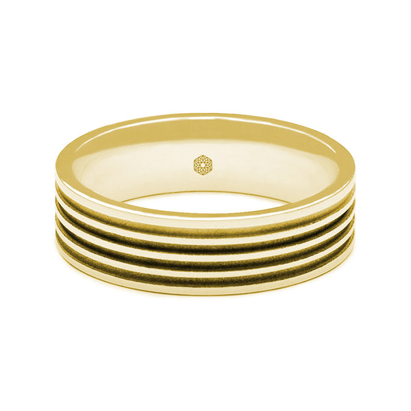Horizontal Shot of Mens Polished 18ct Rose Gold Flat Shape Wedding Ring With Four Matte Finish Grooves