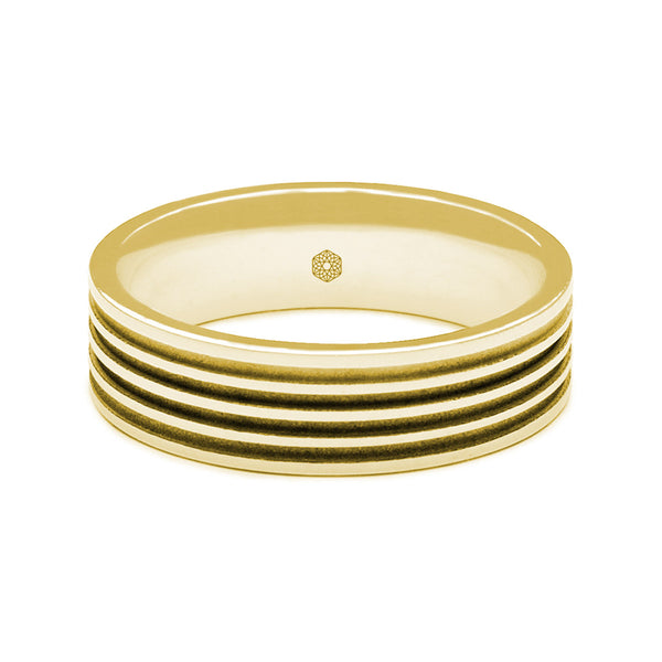 Horizontal Shot of Mens Polished 18ct Rose Gold Flat Shape Wedding Ring With Four Matte Finish Grooves