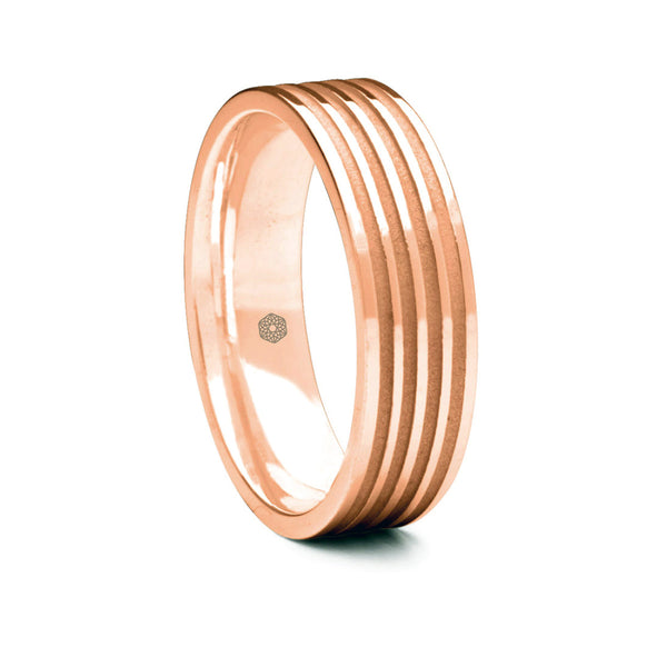Mens Polished 18ct Rose Gold Flat Shape Wedding Ring With Four Matte Finish Grooves