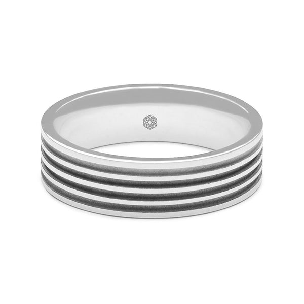 Horizontal Shot of Mens Polished 18ct White Gold Flat Shape Wedding Ring With Four Matte Finish Grooves