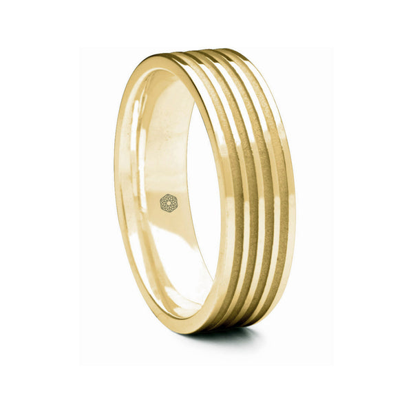 Mens Polished 18ct Yellow Gold Flat Shape Wedding Ring With Four Matte Finish Grooves