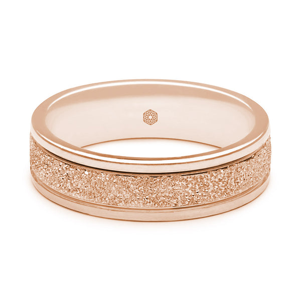 Horizontal Shot of Mens Textured 9ct Rose Gold Flat Court Shape Wedding Ring With Polished Edges