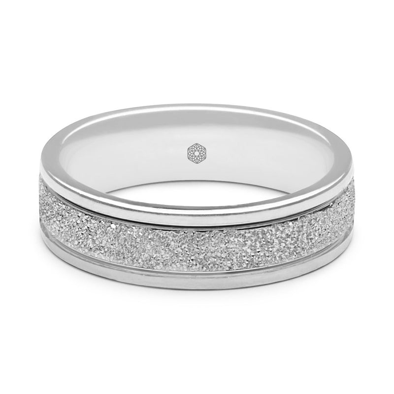 Horizontal Shot of Mens Textured 9ct White Gold Flat Court Shape Wedding Ring With Polished Edges