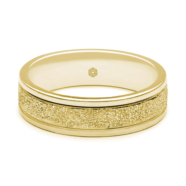 Horizontal Shot of Mens Textured 9ct Yellow Gold Flat Court Shape Wedding Ring With Polished Edges