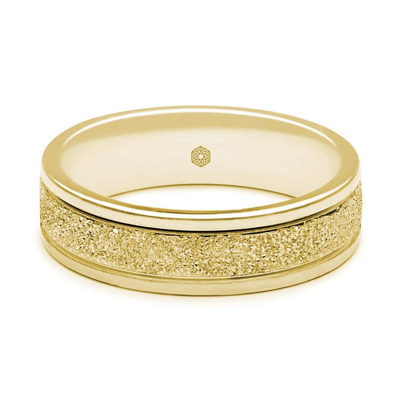 Horizontal Shot of Mens Textured 9ct Yellow Gold Flat Court Shape Wedding Ring With Polished Edges