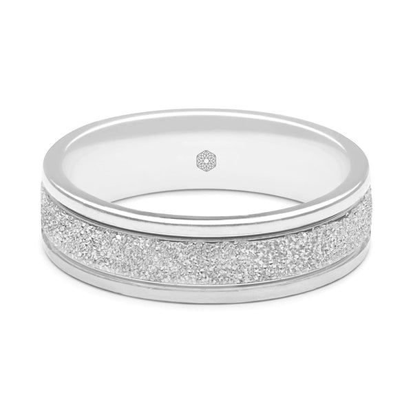 Horizontal Shot of Mens Textured Platinum 950 Flat Court Shape Wedding Ring With Polished Edges