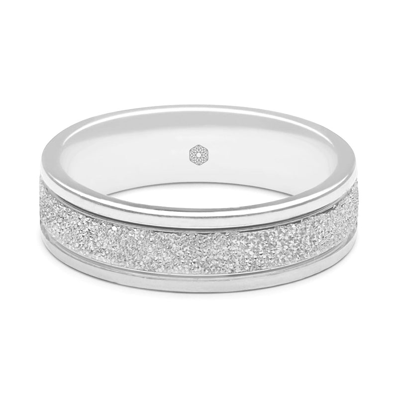 Horizontal Shot of Mens Textured Platinum 950 Flat Court Shape Wedding Ring With Polished Edges