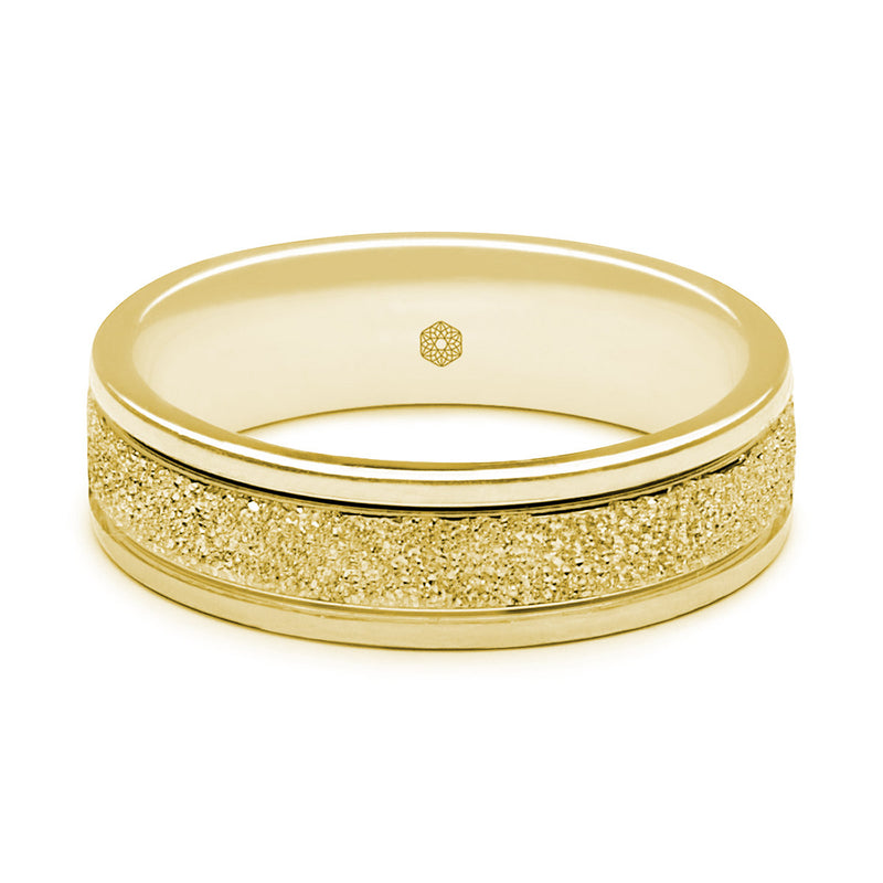 Horizontal Shot of Mens Textured 18ct Rose Gold Flat Court Shape Wedding Ring With Polished Edges