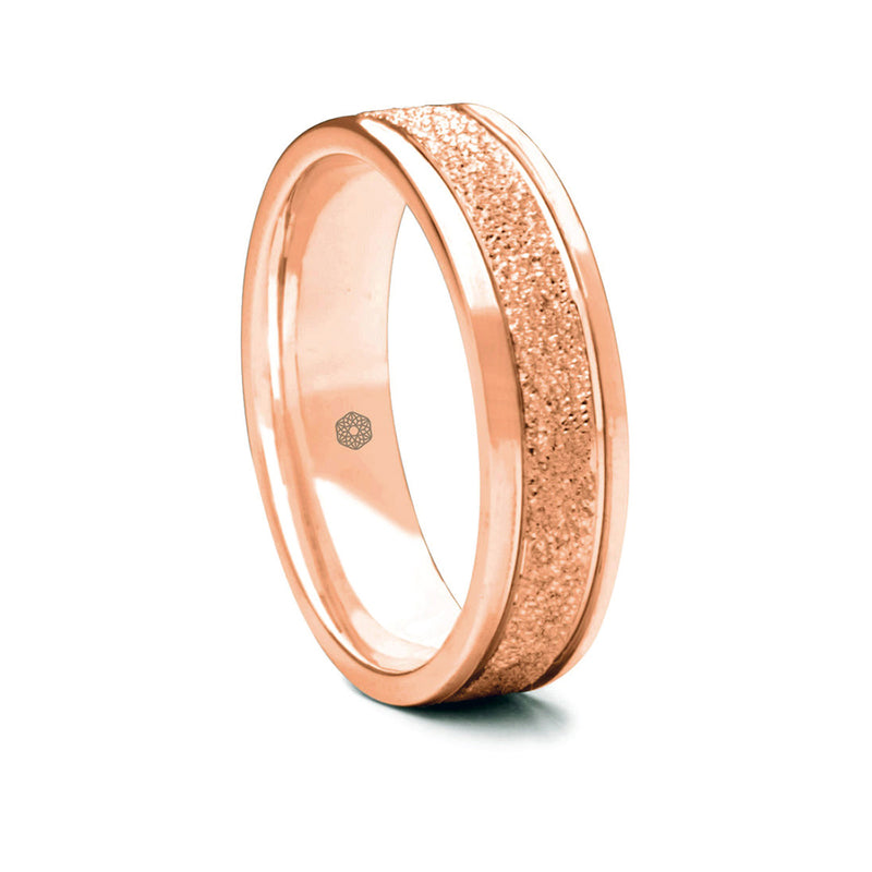 Mens Textured 18ct Rose Gold Flat Court Shape Wedding Ring With Polished Edges