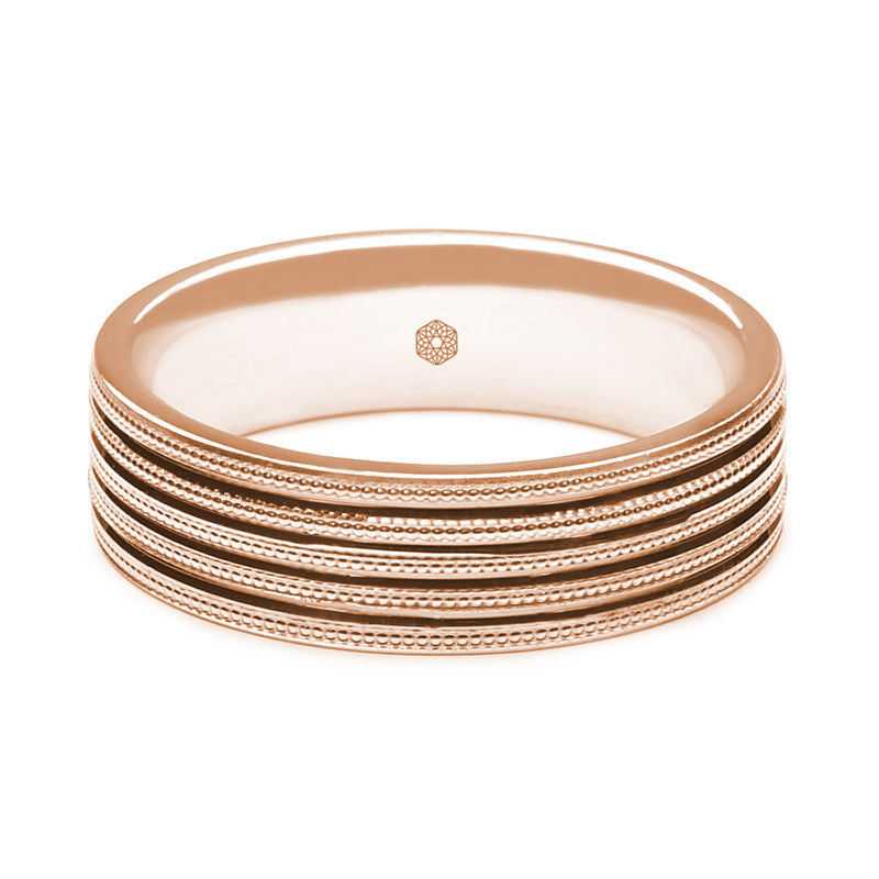 Horizontal Shot of Mens Polished 9ct Rose Gold Flat Court Shape Wedding Ring With Grooves and Millgrain Pattern