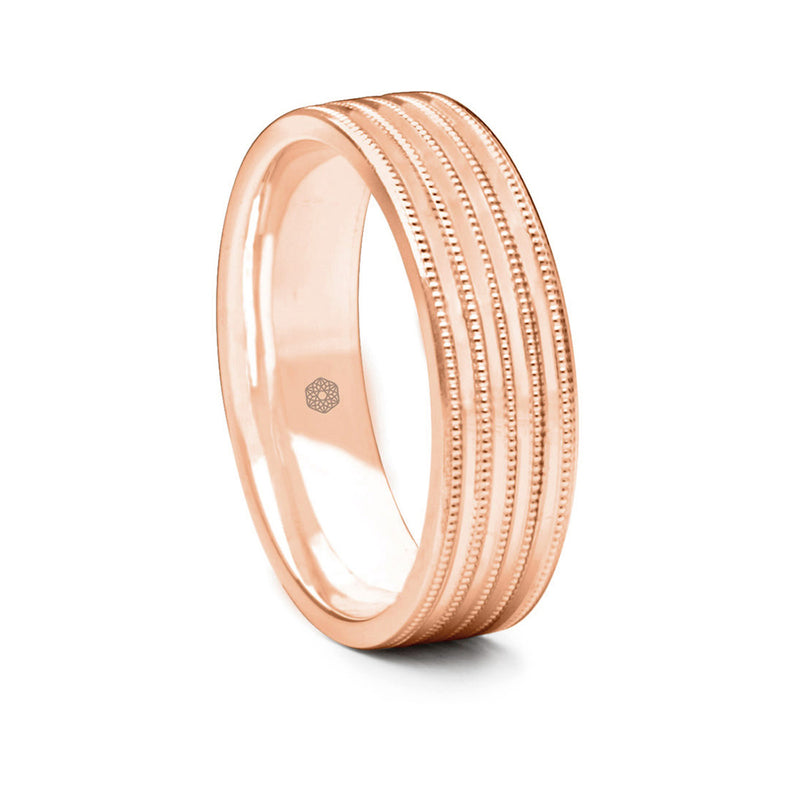Mens Polished 9ct Rose Gold Flat Court Shape Wedding Ring With Grooves and Millgrain Pattern