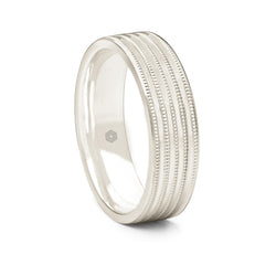 Mens Polished 9ct White Gold Flat Court Shape Wedding Ring With Grooves and Millgrain Pattern