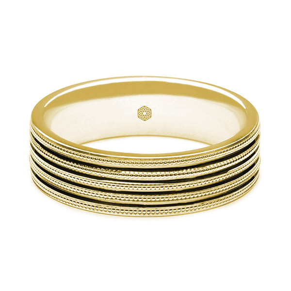 Horizontal Shot of Mens Polished 9ct Yellow Gold Flat Court Shape Wedding Ring With Grooves and Millgrain Pattern
