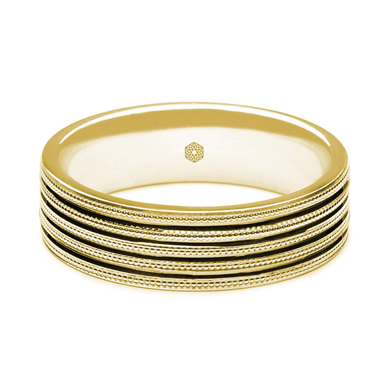 Horizontal Shot of Mens Polished 9ct Yellow Gold Flat Court Shape Wedding Ring With Grooves and Millgrain Pattern