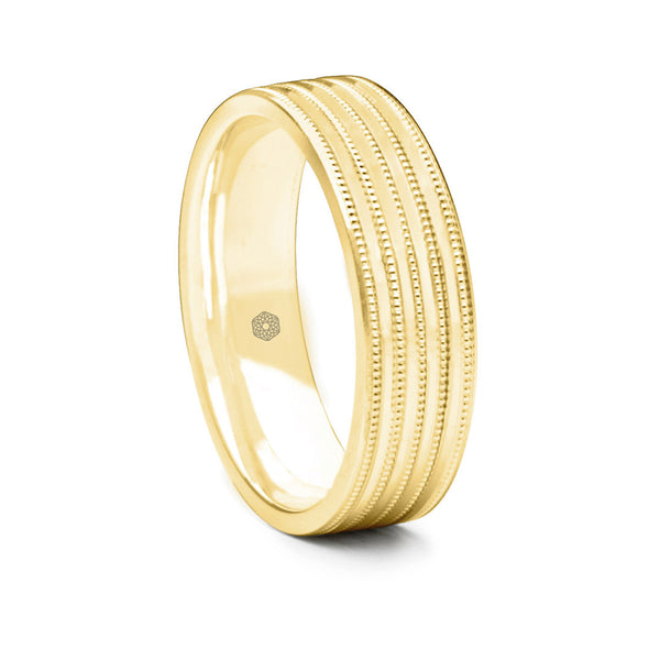 Mens Polished 9ct Yellow Gold Flat Court Shape Wedding Ring With Grooves and Millgrain Pattern