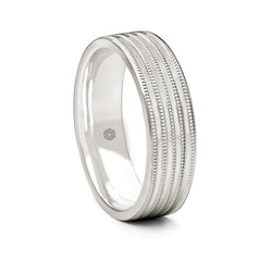 Mens Polished Palladium 500 Flat Court Shape Wedding Ring With Grooves and Millgrain Pattern