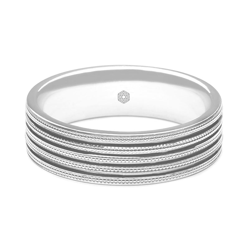 Horizontal Shot of Mens Polished Platinum 950 Flat Court Shape Wedding Ring With Grooves and Millgrain Pattern