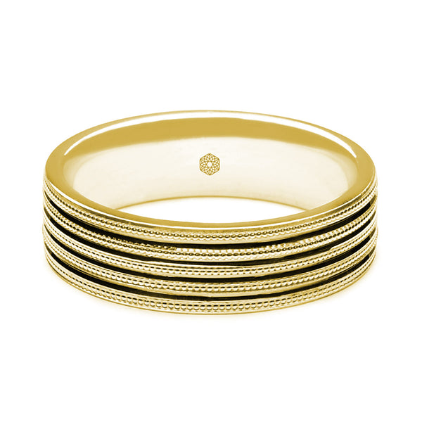 Horizontal Shot of Mens Polished 18ct Rose Gold Flat Court Shape Wedding Ring With Grooves and Millgrain Pattern