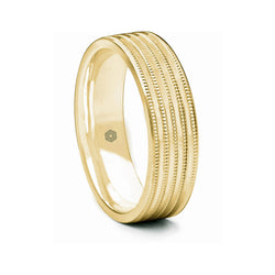 Mens Polished 18ct Yellow Gold Flat Court Shape Wedding Ring With Grooves and Millgrain Pattern