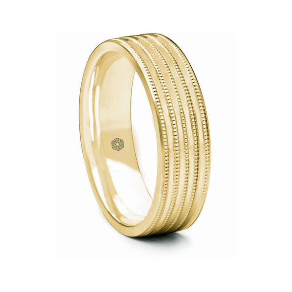 Mens Polished 18ct Yellow Gold Flat Court Shape Wedding Ring With Grooves and Millgrain Pattern