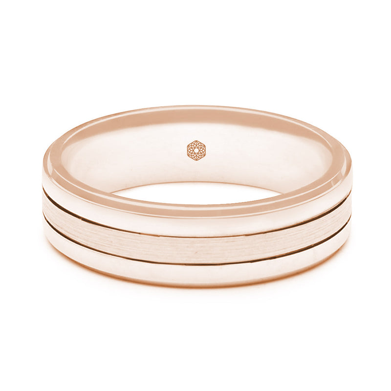 Horizontal Shot of Mens 9ct Rose Gold Flat Court Wedding Shape Ring With Both Polished and Matte Sections