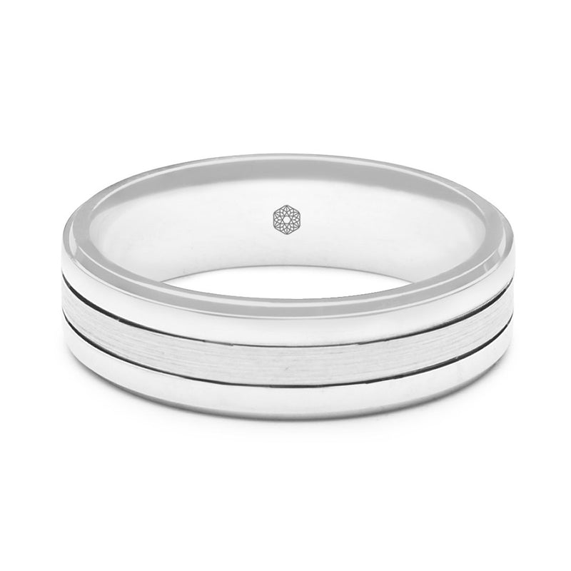 Horizontal Shot of Mens 9ct White Gold Flat Court Wedding Shape Ring With Both Polished and Matte Sections