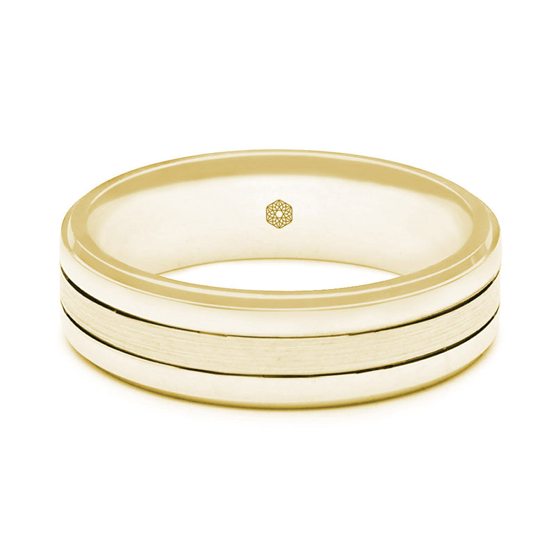 Horizontal Shot of Mens 9ct Yellow Gold Flat Court Wedding Shape Ring With Both Polished and Matte Sections